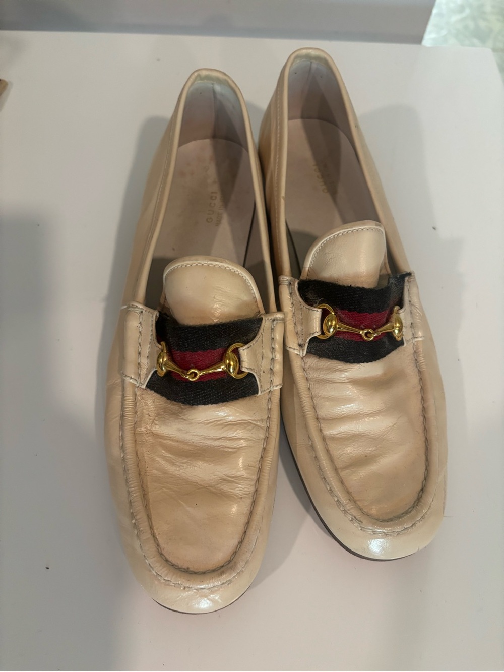 Gucci Cream Leather Horsebit Loafers with Black and Red Web